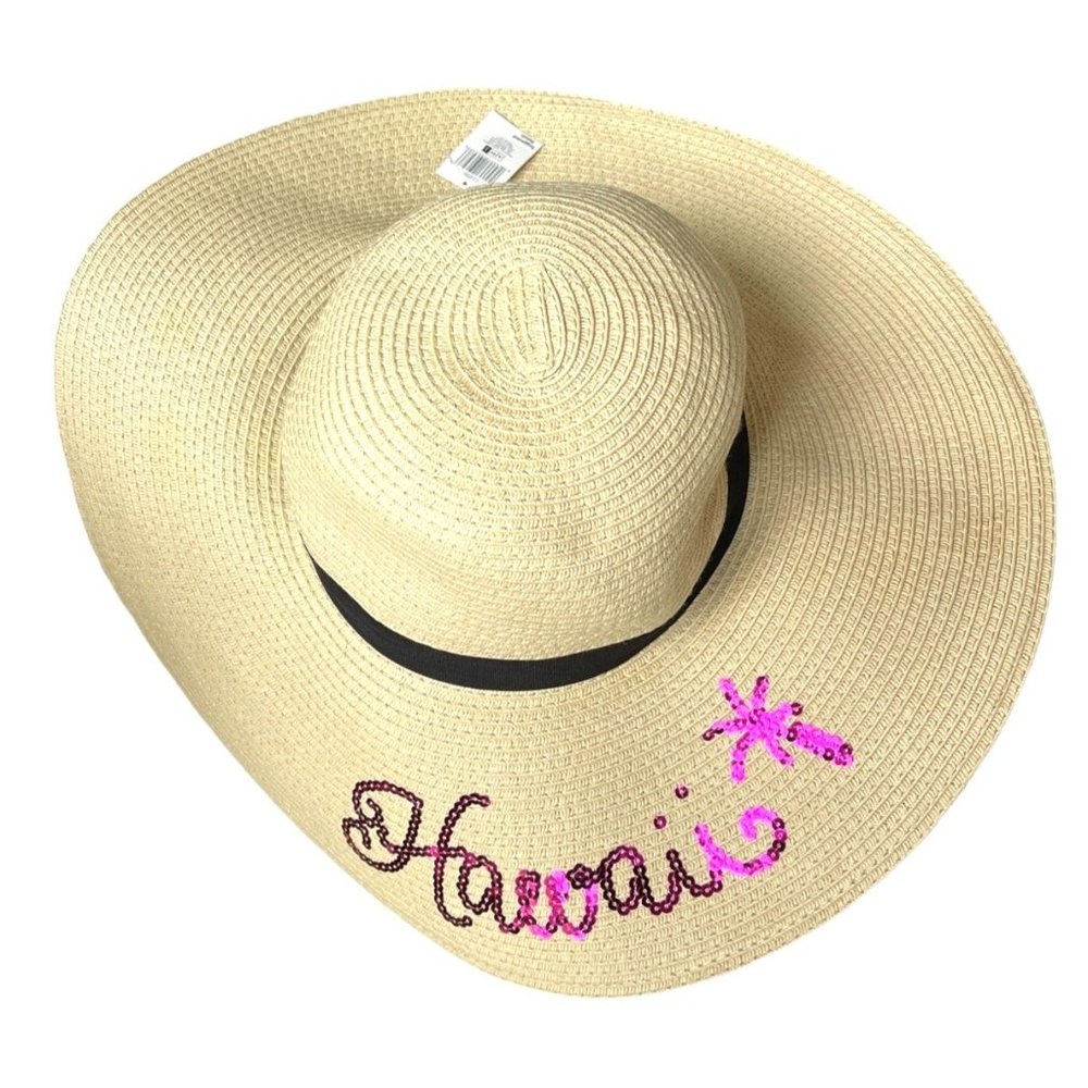 Surfwear Hawaiian Straw Sun Hat Classic Beach Hat Pink Sequins Women's Regular O - Picture 2 of 10